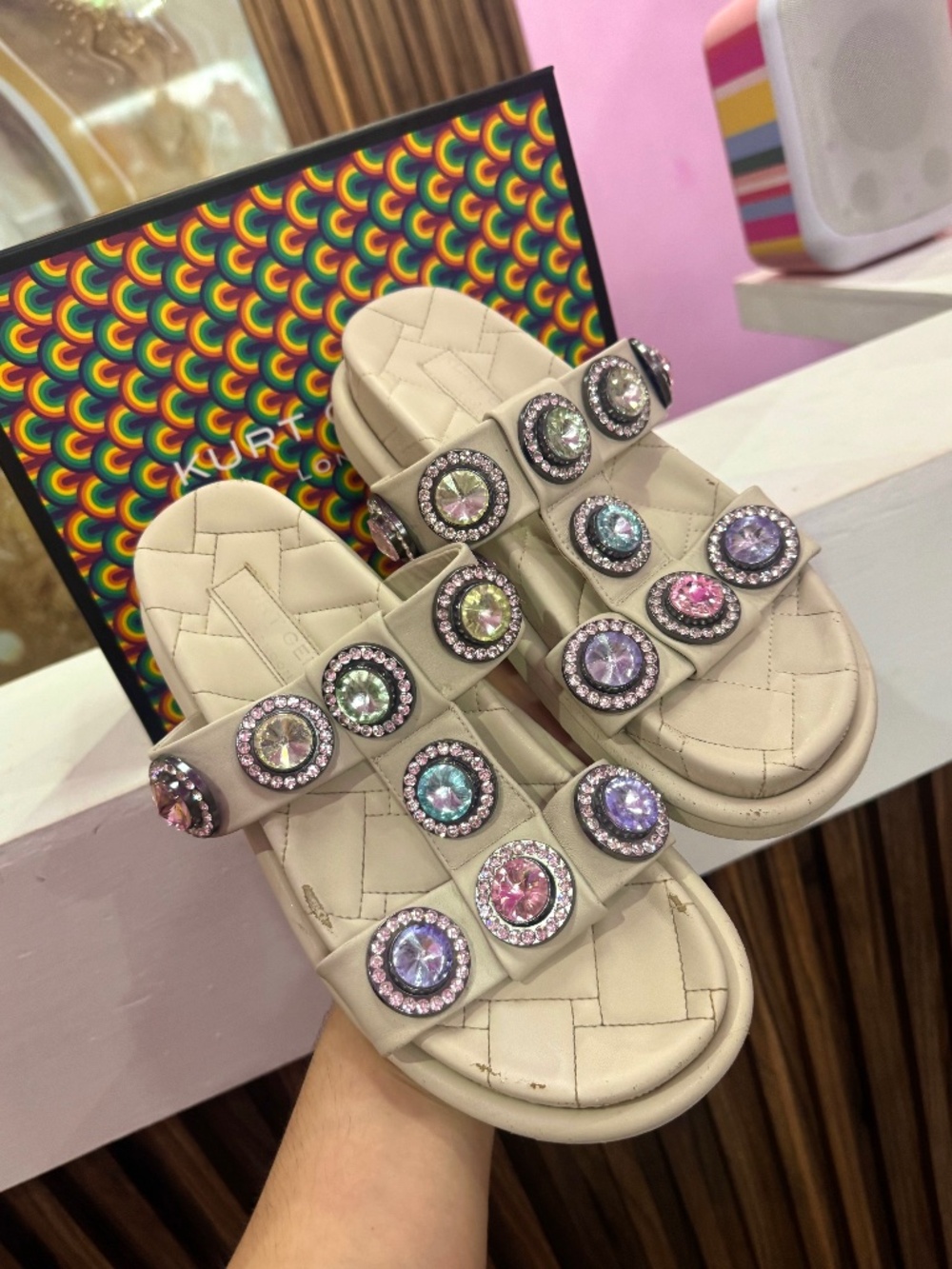 Authentic Kurt Geiger slide sandals in a nude/beige tone with beautiful multicol